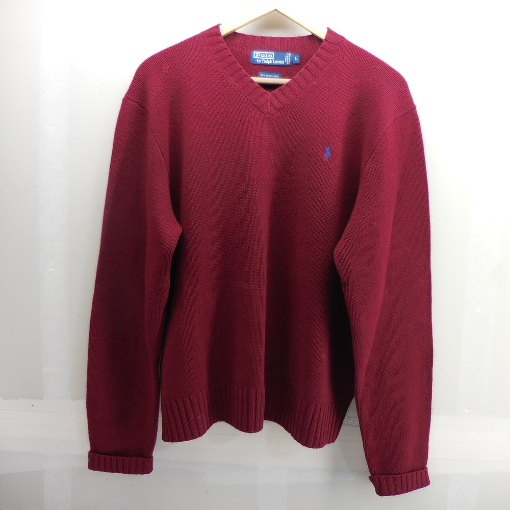 Polo Ralph Lauren Mens Burgundy 100% Lambswool V-Neck‎ Sweater Size L Blue Pony